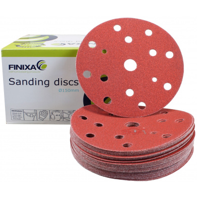 FINIXA Sanding Discs with 15 Holes - 150mm, Red, 100 pieces