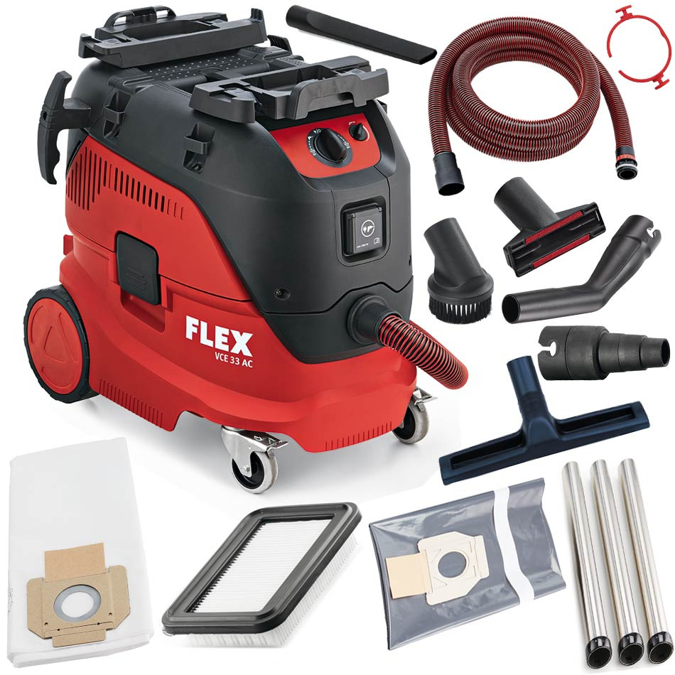 FLEX VCE 33 M AC-Kit Safety Vacuum Cleaner 1400 Watt with litre container and automatic filter cleaning system with accessories cleaning set Dust Class M - CROP