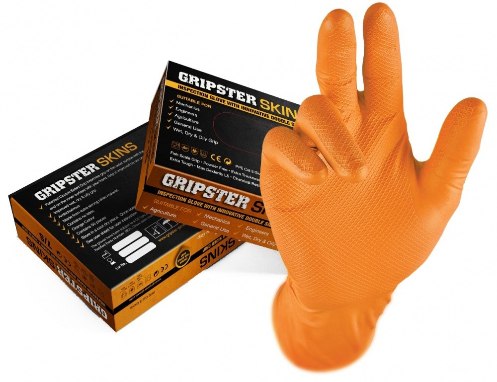 GRIPSTER Nitril Einweghandschuhe Puderfrei Orange mit Grip - 50 Stück